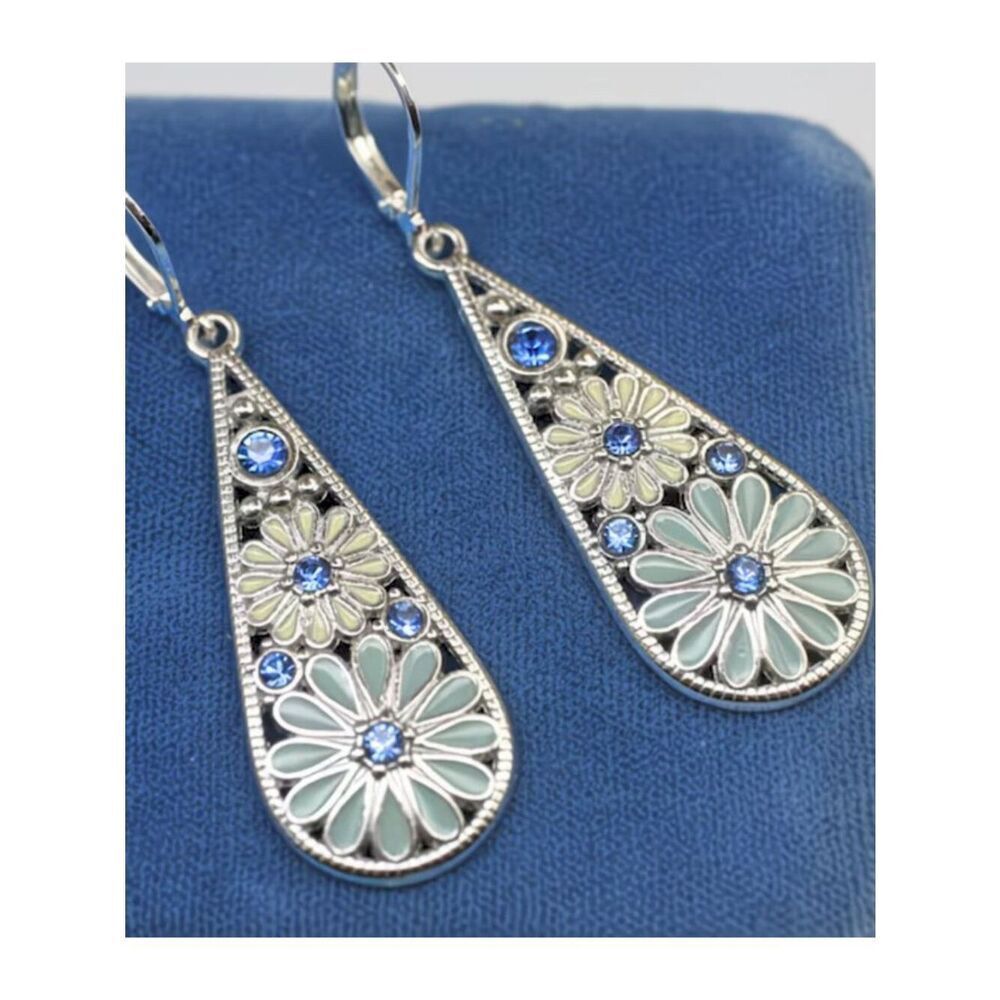 Boho Chic Blue Daisy Teardrop Dangle Earrings Oil Drop Petal Inlaid Zirconia